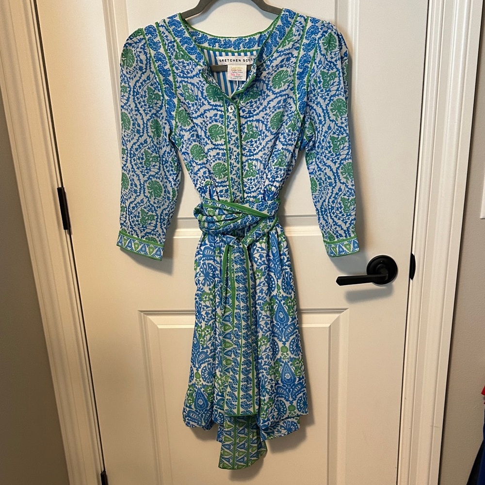 Gretchen Scott Designs Blue and Green Printed Wrap Dress with Tie Belt